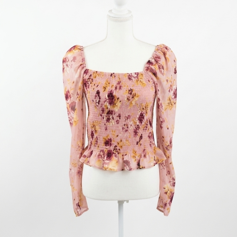 Express Pink‎ Floral Smocked Square-Neck Blouse